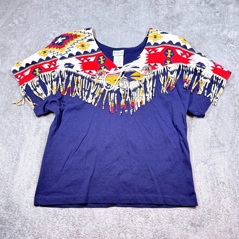 Vintage T Shirt Womens L 90s Southwest Tribal Concho Beaded Fringe Backroad Blue